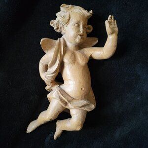 Vtg GG Lang Sel Erben Oberammergau German Hand-Carved Wooden Cherub Angel 10"